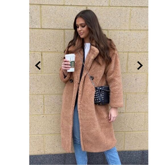 JAYLEY Mocha Faux Shearling Coat OSFM - Picture 1 of 10